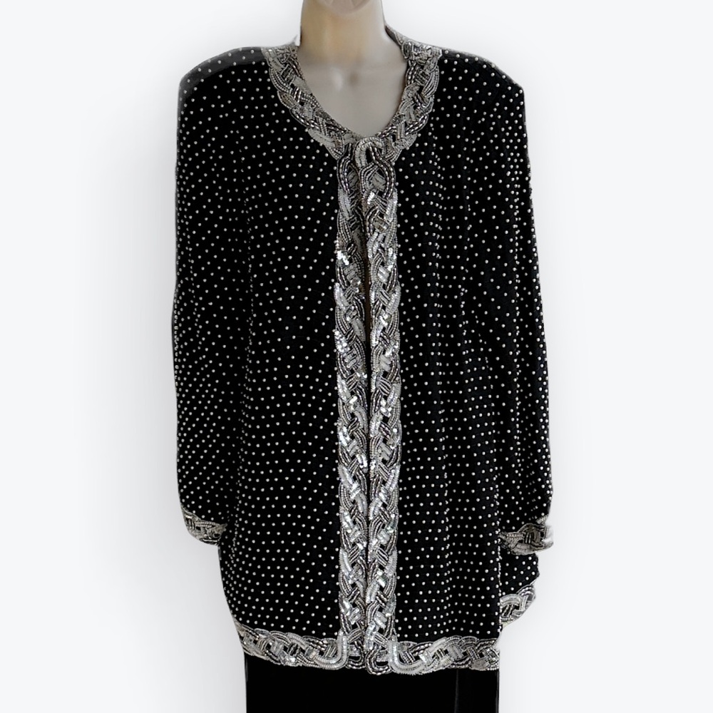 Vintage Regency-Goth Opulent Maximalist Pearl Sequin Black Silk Trophy Jacket~2X
